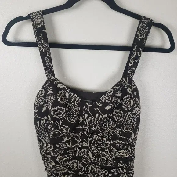 Women's Ann Taylor Brown Chiffon Floral Ruched Business Casual Attire Size 02 - Picture 3 of 11